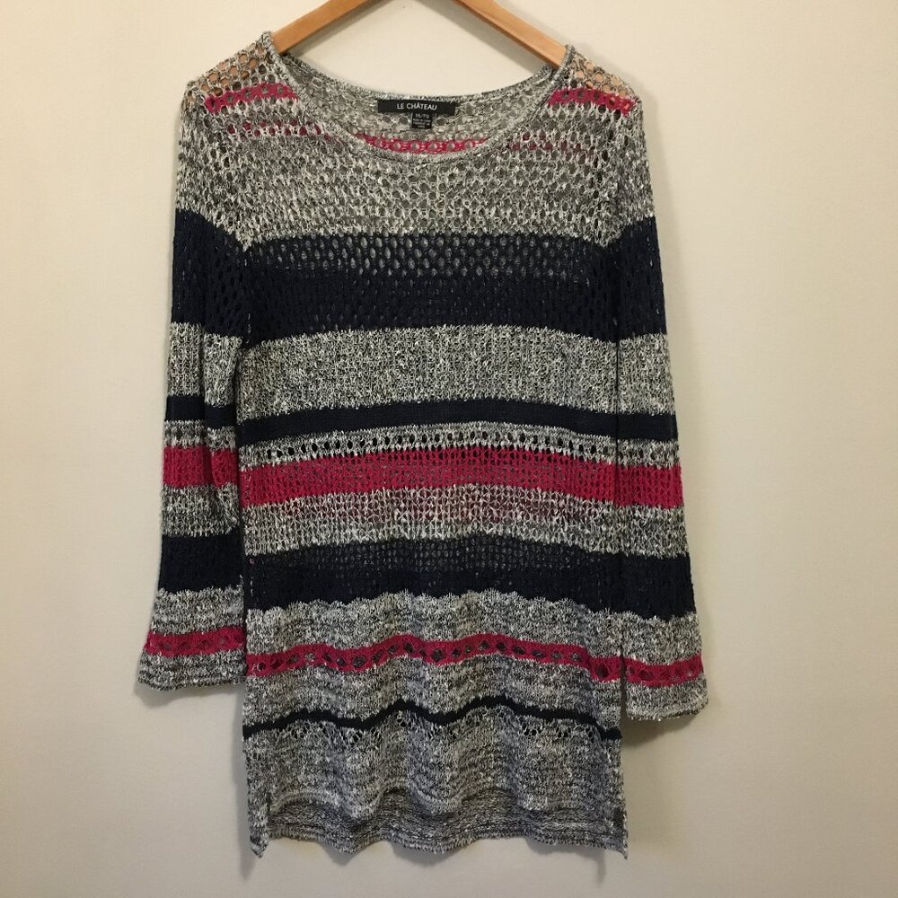 Le Chateau Crochet Tunic Slip-Over Sweater Grey Navy Pink Colorblock XXL